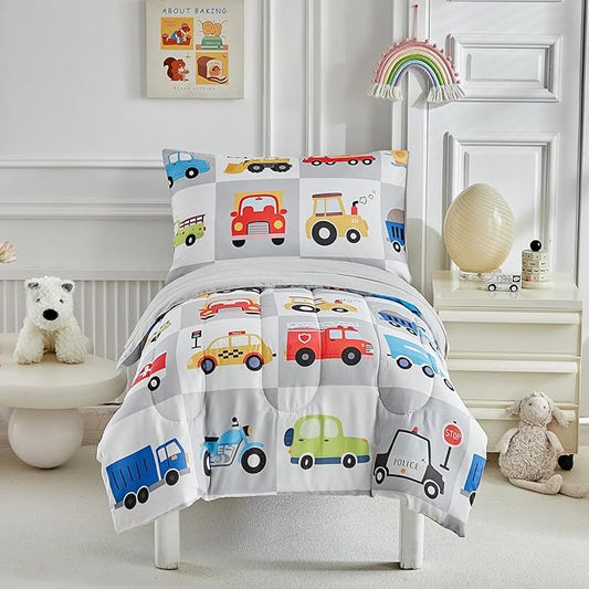 White Gray Toddler Bedding Set for Boys Girls Colorful Cars Vehicle Auto Fire Engine Bulldozer 4PC Toddler Bed Set - Soft Cute Toddler Plaid Patchwork Bed in a Bag with Sheet Set and Pillow Shams