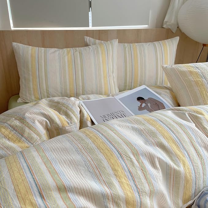 EAVD Retro Striped Duvet Cover Twin Soft Washed Cotton Bedding Set 3-Piece Colorful Pinstriped Bedding Set with 2 Pillowcases Modern Farmhouse Geometric Duvet Cover with Zipper Closure