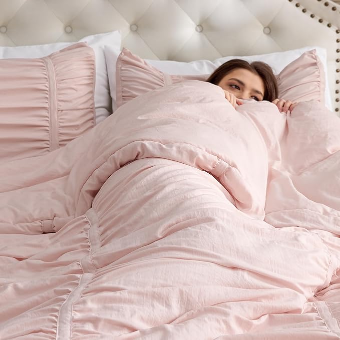 Bedsure Ruched Comforter Set with Bow Trim Pink, GentleSoft™ 3 Pieces Bow Shabby Chic Bedding Pink Room Decor, Twin/Twin XL Dorm Boho Bedding for Girls, 1 Bed Comforter, 1 Pillow Shams, 68x88 Inches