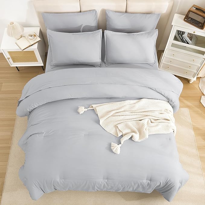 Litanika Queen Comforter Set Light Grey - 7 Pieces Bed in a Bag Queen Bedding Comforter Sets, Solid Lightweight Bed Set with Comforter, Sheets, Pillowcases & Shams