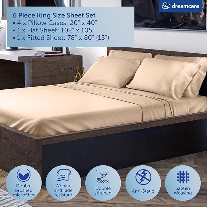 DREAMCARE Queen Sheet Set – 6 pcs Cooling Bed Sheets – up to 15” Deep Sheets Queen Size Bed Set – 2500 Supreme Collection – Extra Soft 100% Brushed Microfiber Hotel Luxury with Side Pocket, Wheat