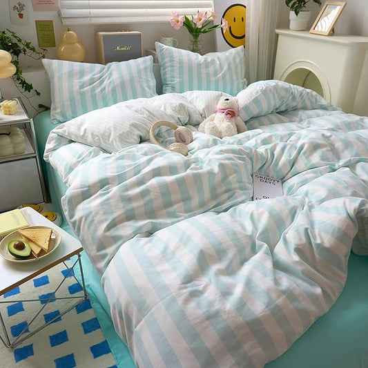 Sky Blue Striped Queen Duvet Cover Soft Boho Comforters Queen Size Cover Stripes Chic Aesthetic Farmhouse Duvet Cover Set with Zipper College Dorm Bedding Washed Microfiber Duvet Protector