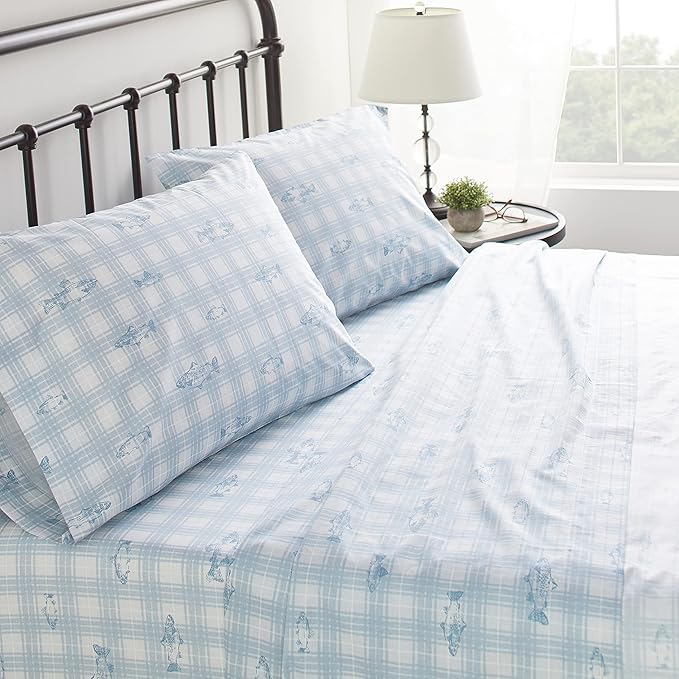 Eddie Bauer - Queen Sheets, Cotton Percale Bedding Set, Crisp & Cool Home Decor (Methow Plaid Blue, Queen)