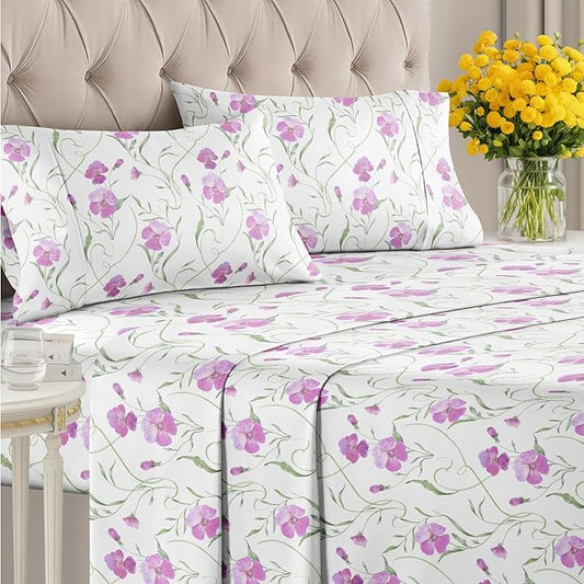 Floral Sheets - Pink Floral Bed Sheet Set - 1 Flat, 1 Fitted & 2 Pillowcases w/ Deep Pockets - Comfy, Wrinkle & Fade Free - Boho Botanical Bedding - Ultra-Soft, Breathable & Cooling - Full Size Set