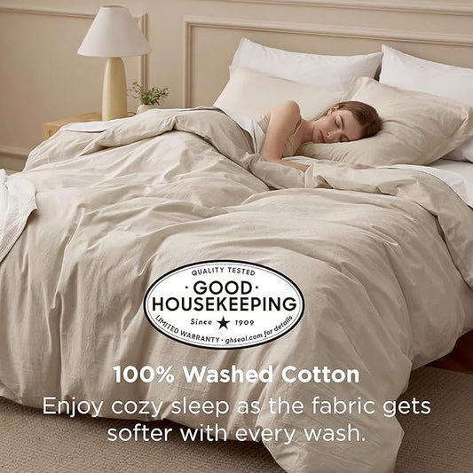 Bedsure 100% Washed Cotton Duvet Cover Full Size - Oatmeal Minimalist Bedding Set Linen Like - PureWoven Plain Simple & Soft Comforter Cover for All Seasons (Oatmeal, Full, 80"x90")