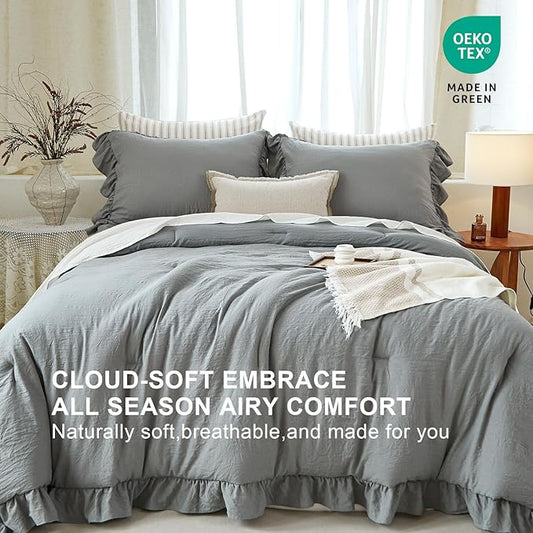 Grey Ruffle Comforter Set Queen, Pre-Washed Shabby Chic Bedding Set, Lightweight Cottagecore Soft Romantic Cozy 1 Comforter & 2 Shams, All-Season