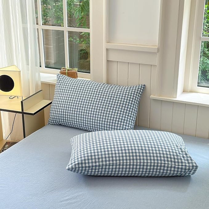 Blue Gingham Duvet Cover Queen 100% Washed Cotton Blue White Plaid Duvet Cover Reversible 3 Pieces Buffalo Grid Comforter Cover with 2 Pillowcases Luxury Soft Gingham Plaid Bedding Set Breathable