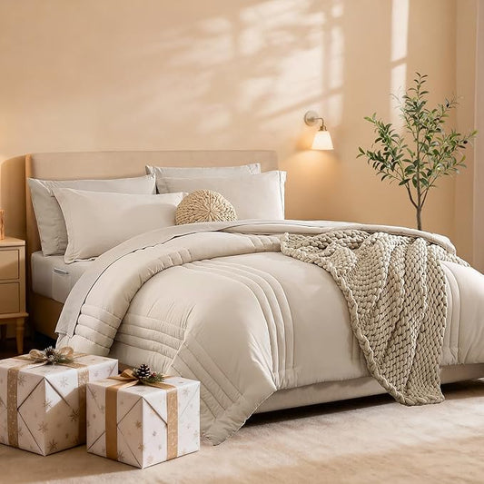 Monbix Oversized Queen Comforter Set - 7 Pieces Apricot Beige Bed in a Bag Oversized Queen Bedding Sets with Comforters, All Seasons Comforter Bed Set with Sheets,Pillowcases & Shams
