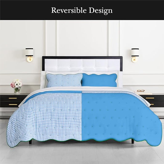 kate spade new york Joyful Gingham 2-Piece Twin Quilt Bedding Set, Poly-Cotton Blend Reversible Cover, All Season Warmth Bedding, Machine Washable, Windy Blue