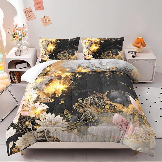 Butterfly Flowers Comforter Set Full Lotus Floral Bedding Sets 3PCS for Kids Teen Adult Room Decor Ultra-Soft Lightweight Microfiber 1 Comforter with 2 Pillowcases
