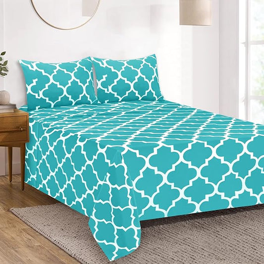 Mejoroom Queen Bed Sheet Set - Super Soft Brushed Microfiber - 1800 Thread Count Queen Sheets with 16 inch Deep Pocket - Wrinkle Free - 4 Piece(Queen, Aqua Quatrefoil with White Pattern)