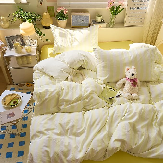 EAVD Yellow and White Vertical Striped Duvet Cover Queen Soft Washed Microfiber Farmhouse Yellow Striped Bedding Set with 2 Pillowcases Reversible Geometric Pattern Duvet Cover with Zipper Closure