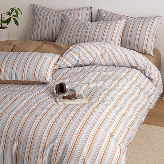 Striped Queen Duvet Cover Light Blue Caramel Brown Comforter Cover Queen Size Cotton Boho Soft Vintage Duvet Cover Set with 2 Pillow Cases Vertical Stripe Bedding Set Pattern Duvet Protector