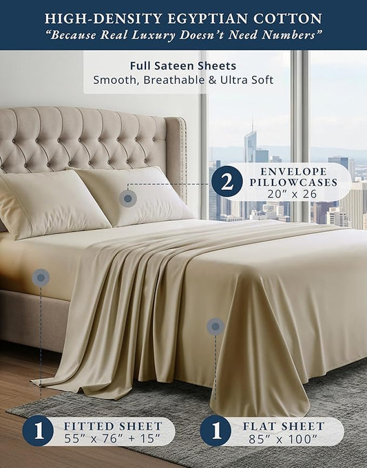 LANE LINEN 100% Egyptian Cotton Bed Sheets Full Size, 15 inch Deep Pocket Full Bedding Set, Naturally Temperature Regulating Cooling NO Pill Fade Resistant Cotton Sheets Full - Linen