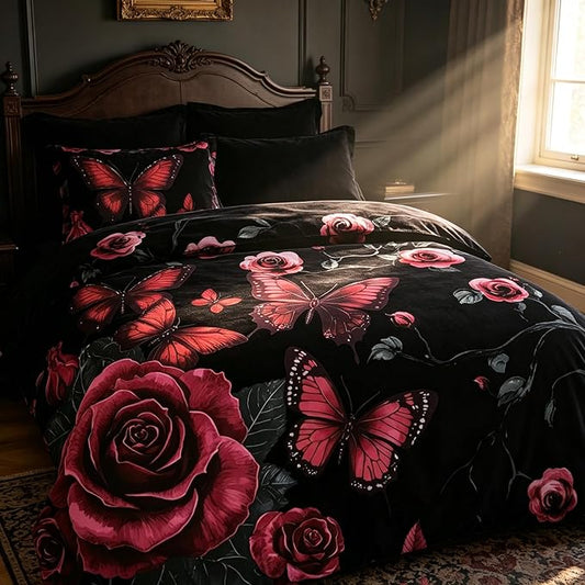 Black Vintage Floral Comforter Set King Size, Black Red Floral Bedding Set for Gothic Bedroom Decor, 3 Pieces Soft Microfiber Lightweight Comforter Set with 2 Pillowcases, 90"x104"