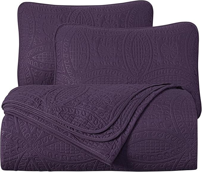 Chezmoi Collection Austin 3-piece Oversized Bedspread Coverlet Set (King, Purple) | Oversized, Lightweight, Fade Resistant