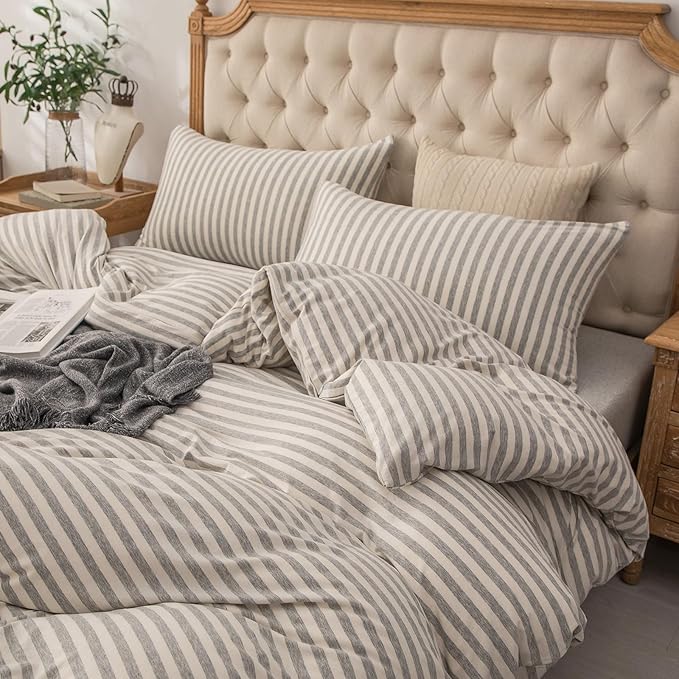 PURE ERA Jersey Knit Pillowcases 100% T-Shirt Cotton Super Soft Comfy Breathable, Set of 2, Standard 20" x 26", Grey & White Stripe