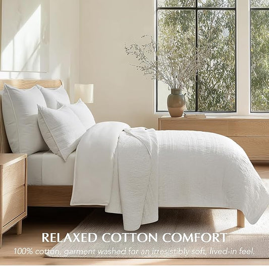 EVERGRACEHOME 100% Cotton Modern Lines Quilt Set King Size, Pre-Washed Soft Striped Coverlet Bedspread, 3 Piece Lightweight Bedding Set for All Season, with 2 Pillow Shams, Bright White