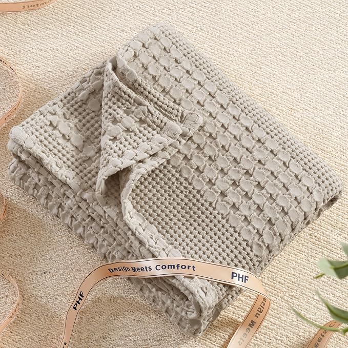 PHF 100% Cotton Waffle Weave Throw Blanket, Soft Lightweight Breathable Cozy Throws for Couch Bed Sofa, Luxury Aesthetic Blanket Gift for Home Decor & Office, 50"x60", Pearl Gray
