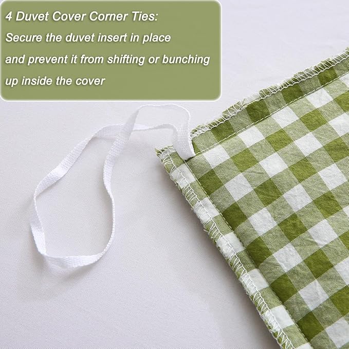 Olive Green/White Checkered Ruffle 3-Piece Duvet Cover Set King Size,Washed Cotton Shabby Gingham Plaid Bedding Set Farmhouse Comforter Set(King,Olive Green)