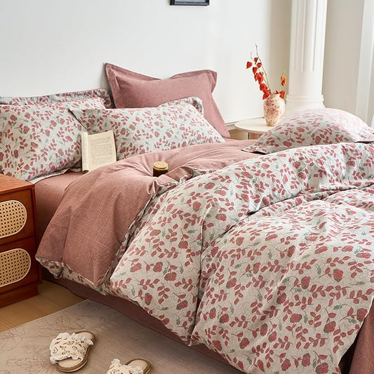 mixinni 100% Washed Cotton Duvet Cover Set, Reversible Vintage Floral Jacquard Textured Comforter Cover, Boho Farmhouse Bedding Set with Zipper Closure for All Season, Queen Size