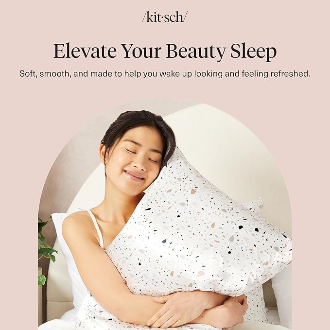 Kitsch Satin Pillowcase with Zipper for Hair & Skin - Softer Than Silk Pillow Cases, Smooth Cooling Satin Pillow Case, Wrinkle-Free, Machine Washable, Pillow Cases Standard Size 19x26,White Terrazzo