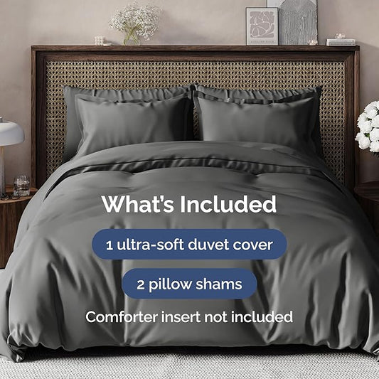 Duvet Cover Queen Size Set - Extra Soft Queen Duvet Cover 90" x 90" with 2 Pillow Shams - Hotel Luxury, Easy Care & Fade Free w/ Zipper Closures & Ties - All Season, Comfy and Breathable (Charcoal)