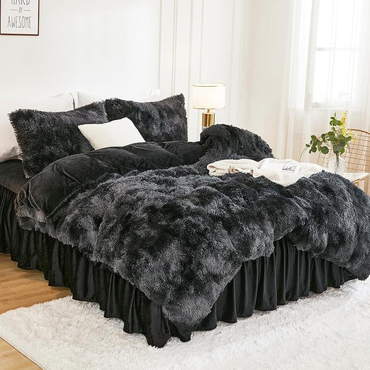 Andency Faux Fur Tie-Dyed Black Grey Comforter for Queen Size Bed, 3 Pieces Fluffy Fuzzy Plush Bedding Set (1 Shaggy Velvet Comforter & 2 Pillowcases), Soft Puffy Down Bedding Set