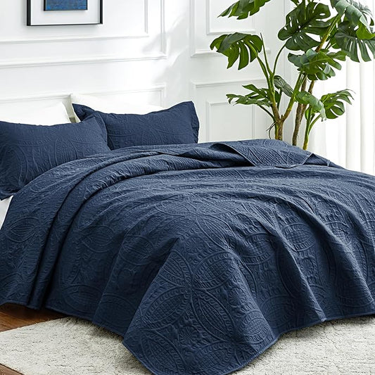 Love's cabin Twin Quilt Set Navy Blue Bedspreads - Soft Bed Summer Lightweight Bedspread Comforter - Modern Style Coin Pattern Coverlet for All Season - 2 Pieces (1 Quilt, 1 Pillow Sham)