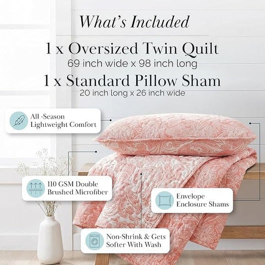 Southshore Fine Living, Inc. Twin XL Quilt Bedding Set, Boho Coverlet, Reversible Quilt, All Season 2-Piece Set with One Matching Quilted Pillow Sham, All Season Twin/XL Bedspreads for Adult, Coral