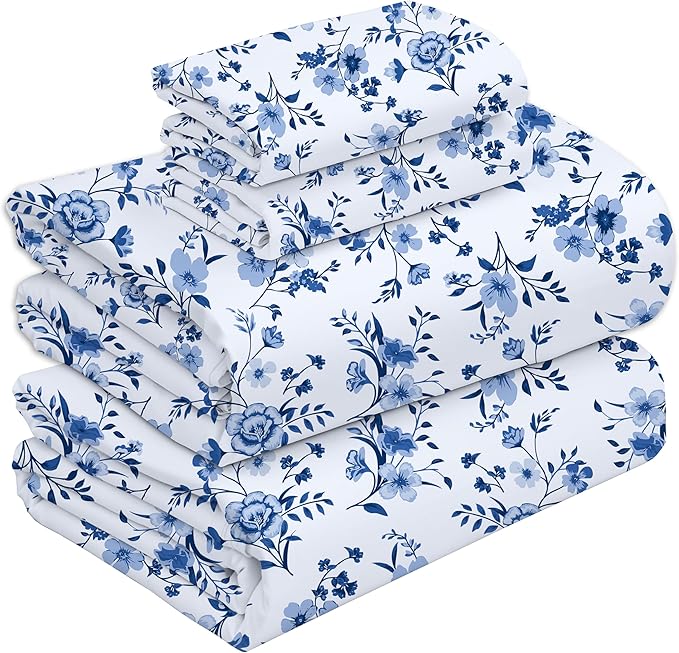 RUVANTI 100% Cotton Sheets – Split King Size Percale Bedding, Cooling & Breathable Floral Design, Durable with a Crisp, Soft & Comfortable Feel, 16" Deep Pocket, 5-Piece Set, Annual
