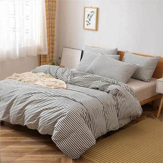 JELLYMONI 100% Natural Cotton 2pcs Striped Duvet Cover Sets,White Duvet Cover with Dark Grey Stripes Pattern Printed Comforter Cover,with Zipper Closure & Corner Ties(Twin Size)