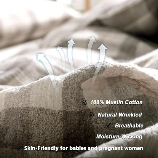 VM VOUGEMARKET Beige Grey Gingham Duvet Cover Queen Muslin Cotton Plaid Bedding Set Soft Breathable Linen Like Gauze Comforter Cover with Zipper Closure for Teen Men-3 Pieces,90"x90"