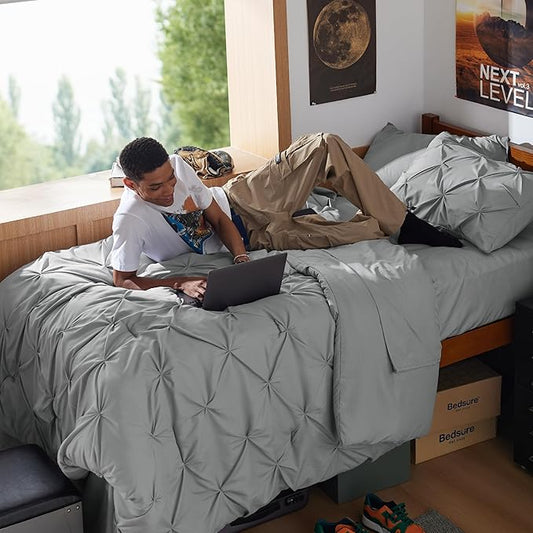 Bedsure Twin XL Comforter Set - Extra Long 5 Pieces Dorm Bedding Sets, GentleSoftโข Pinch Pleat Grey Bed in a Bag with Pintuck Comforter, Sheets, Pillowcase & Sham