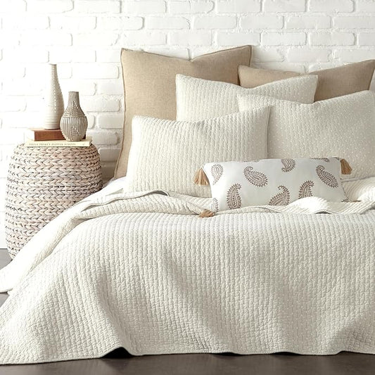 Levtex Home Cross Stitch Reversible Twin XL/Twin Quilt Set (68x86in) with 1 Pillow Sham (26x20in) - Stitch Texture - Cream - 100% Cotton Twin Size Quilt Bedding Set - Lightweight, Soft, Pre-Washed