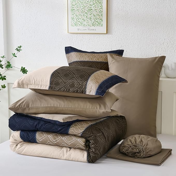 Dinjoy Boho Queen Comforter Set Navy Brown,7 Piece Bed in a Bag Queen Size Warm Striped Dark Blue Bedding Sets Plaid Fall Comforters Set with Sheets for Family All Season