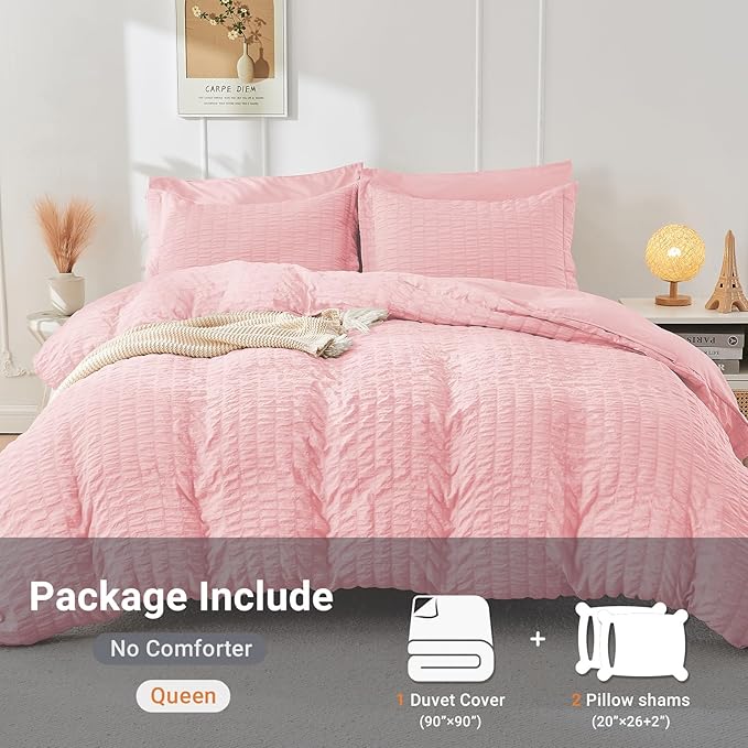 HYMOKEGE Pink Duvet Cover Queen Size, Ultra Soft 3-Piece Seersucker Duvet Cover Set with Zipper Closure, Soft Brushed Microfiber Bedding Set with 8 Corner Ties (90"x90", 2 Pillowshams)