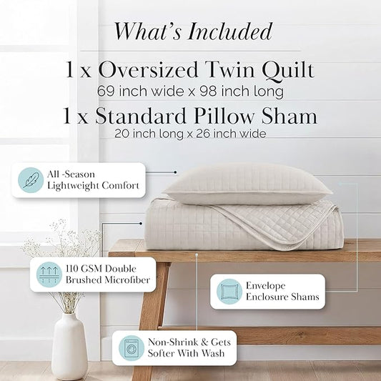 Southshore Fine Living, Inc. Twin Quilt Bedding Set, Microfiber Quilt Comforter, XL Twin Bedspread Coverlet, Pet Hair Resistant Bedding Set, Natural Beige Bedspread with Matching Pillow Sham, Bone