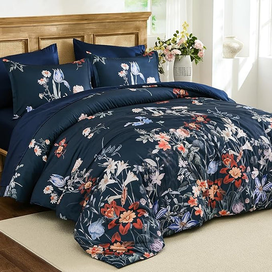WONGS BEDDING Queen Comforter Set 7 Piece, Navy Blue Floral Bed in a Bag Bedding Set with Botanical Flowers Patterns, Soft Lightweight Complete Comforters with Sheets for All Season
