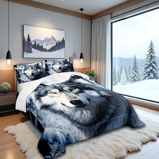 Castle Fairy Wolf Comforter Set King Size,Nature Wild Animals Quilt Set 3pcs,3D Print Winter Snow View Bedding Set for Kids Teens Adults Home Decor,White Black Microfiber with 2 Pillowcases