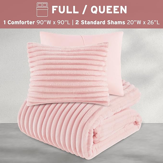 Intelligent Design Queen Comforter Set, Cozy Plush Bedding, Microfiber Reverse, 3 Piece, Lightweight, Super Soft Ribbed Velvet Comforter 2 Shams, All Season Fluffy Bed Set, Avril, Full/Queen Pink