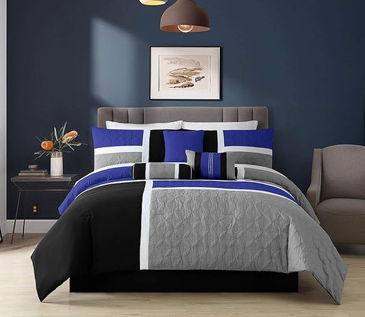 Chezmoi Collection Upland 7-Piece Quilted Patchwork Comforter Set, Blue/Black/Gray, Queen