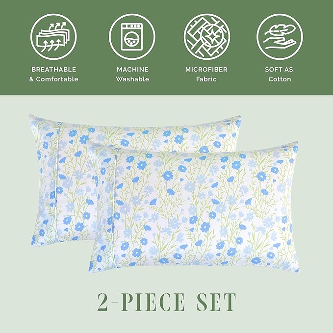 Elegant Comfort Ultra Soft Set of 2 Floral Print Pillowcases - 1500 Premium Hotel Quality Microfiber, Soft and Smooth Envelope Closure 2-Piece Pillow Covers - King, Blue Laurel
