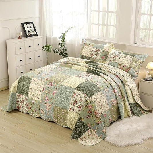vctops Boho Patchwork Cotton Quilted Bedspread Quilt Set Queen Size 3 Pieces Soft Reversible Lightweight Coverlet Set Floral Print 1 Quilt and 2 Pillow Shams (Green D,Queen)
