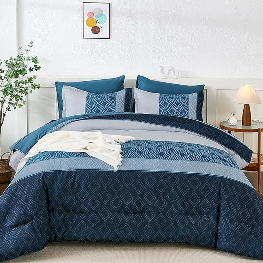 Dinjoy Queen Comforter Set Navy Blue, 7 Piece Boho Bed in a Bag Queen Size Striped Fall Bedding Sets Comforters with Plaid Bed Set with Sheets for Women Men