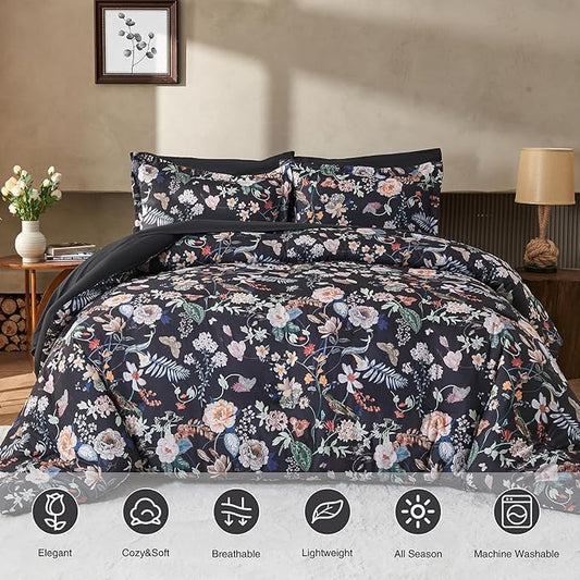 7 Piece King Comforter Set, Black Butterfly Floral Comforter Set with Flowers Leaves Pattern, Soft Microfiber Complete Bedding Set for All Season(Black, King)