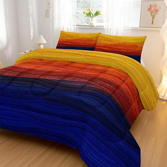 Geometric Splicing Comforter Sets Twin Size,Orange and Blue Graffiti Bedding Set for Your Room,Abstract Soft Lightweight Quilted Set All Season,1 Comforter and 2 Pillowcases