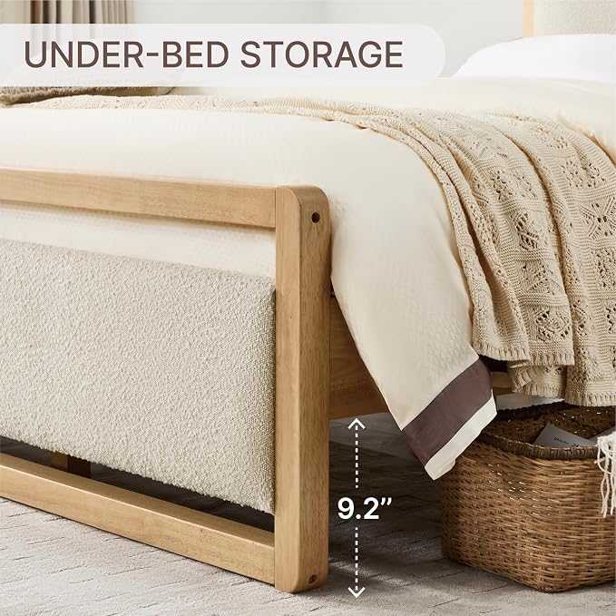 KISLOT Wood Bed Frame, with USB Headboard & Footboard, Oat, Queen | Mattress Foundation, Strong Wooden Slat Support, Noise-Free, No Box Spring Needed, Easy Assembly