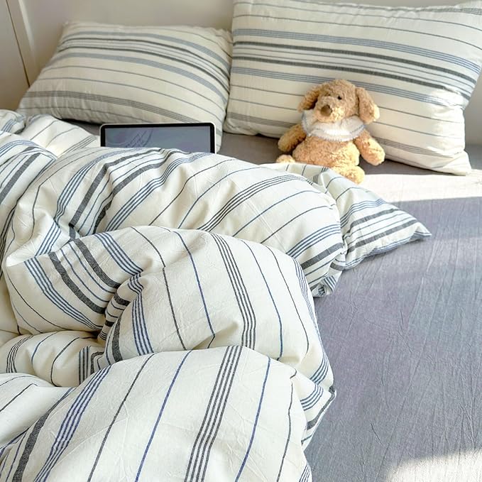 EAVD Retro Blue&Grey Striped Comforter Set Full Soft Cotton 3-Piece Vintage Bedding Set with 2 Pillowcases Boho Vertical Stripes Geometric Comforter Set for All-Season Breathable Lightweight