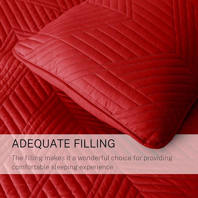 Exclusivo Mezcla Ultrasonic King Quilt Bedding Set, Lightweight Red Bedspreads Soft Modern Geometric Coverlet Set for All Seasons (1 Quilt and 2 Pillow Shams)